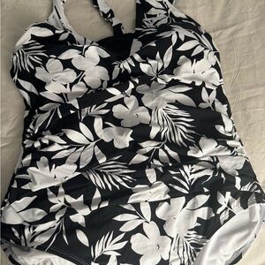 Lands End Black and White Floral Swimsuit